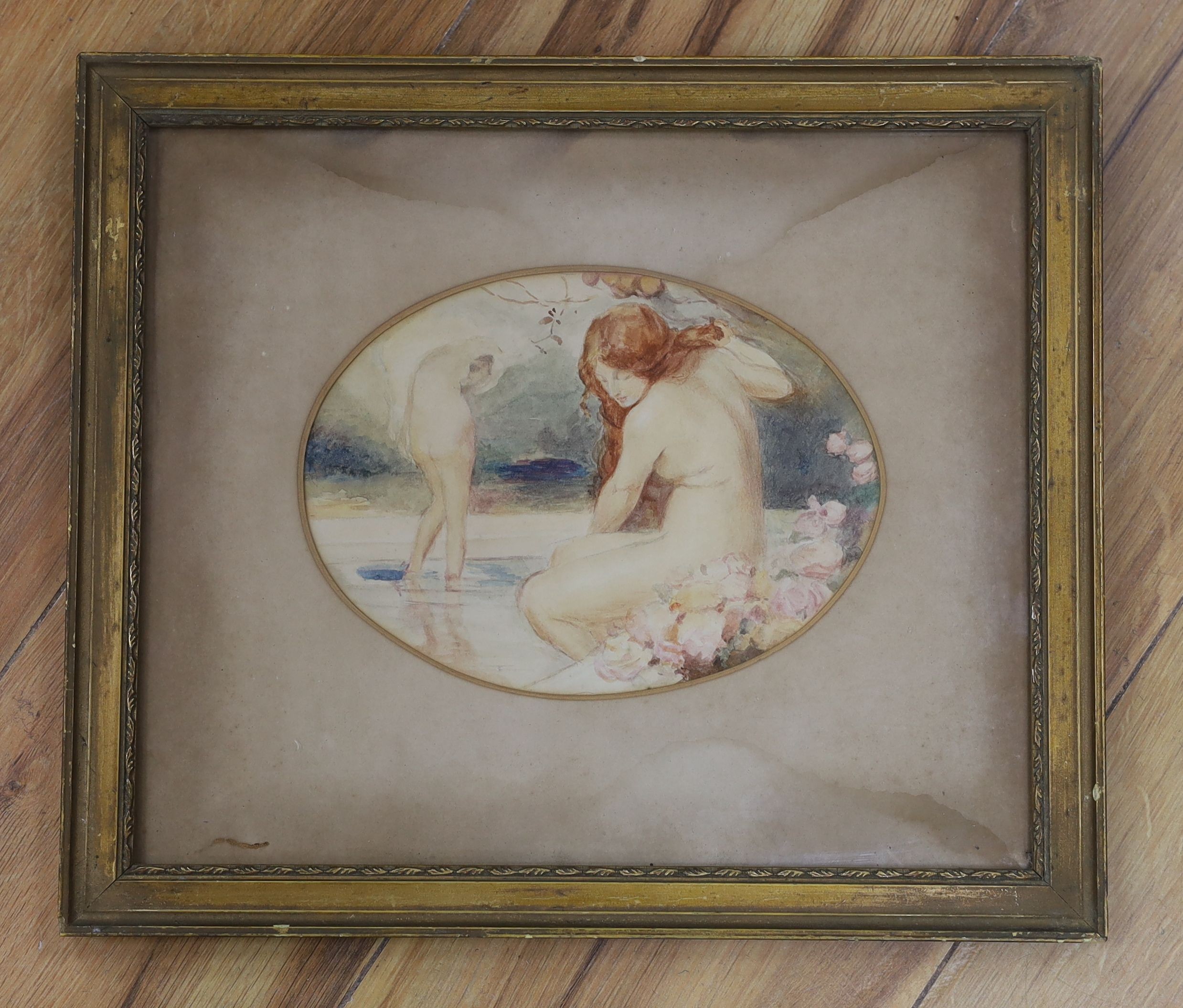 After Rosetti, watercolour, The Bathers, 14 x 20cm